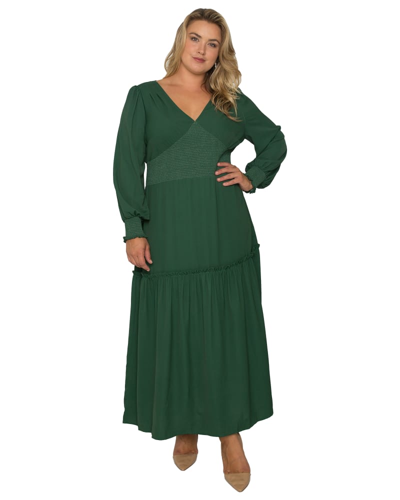 Front of a model wearing a size 1X Isabelle Smocked Waist Maxi Dress in Green by Standards & Practices. | dia_product_style_image_id:276294